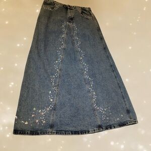 Anna Sui Vintage Crystal Embellished Studded Denim Maxi Skirt Made in Canada Y2K